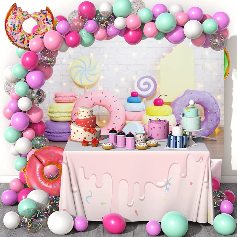 DASHAN 7x5ft Donut Backdrop Donut Candy Cake Smash White Brick Wall Polyester Photography Background for Baby Shower Party Girl Birthday Portrait Banner Baby Girl 1st Birthday YouTube Photo Prop - Image 2